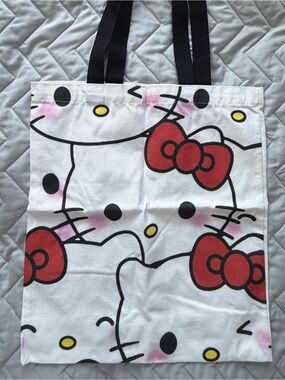 Hello Kitty White Canvas Tote with Red Bow Pattern